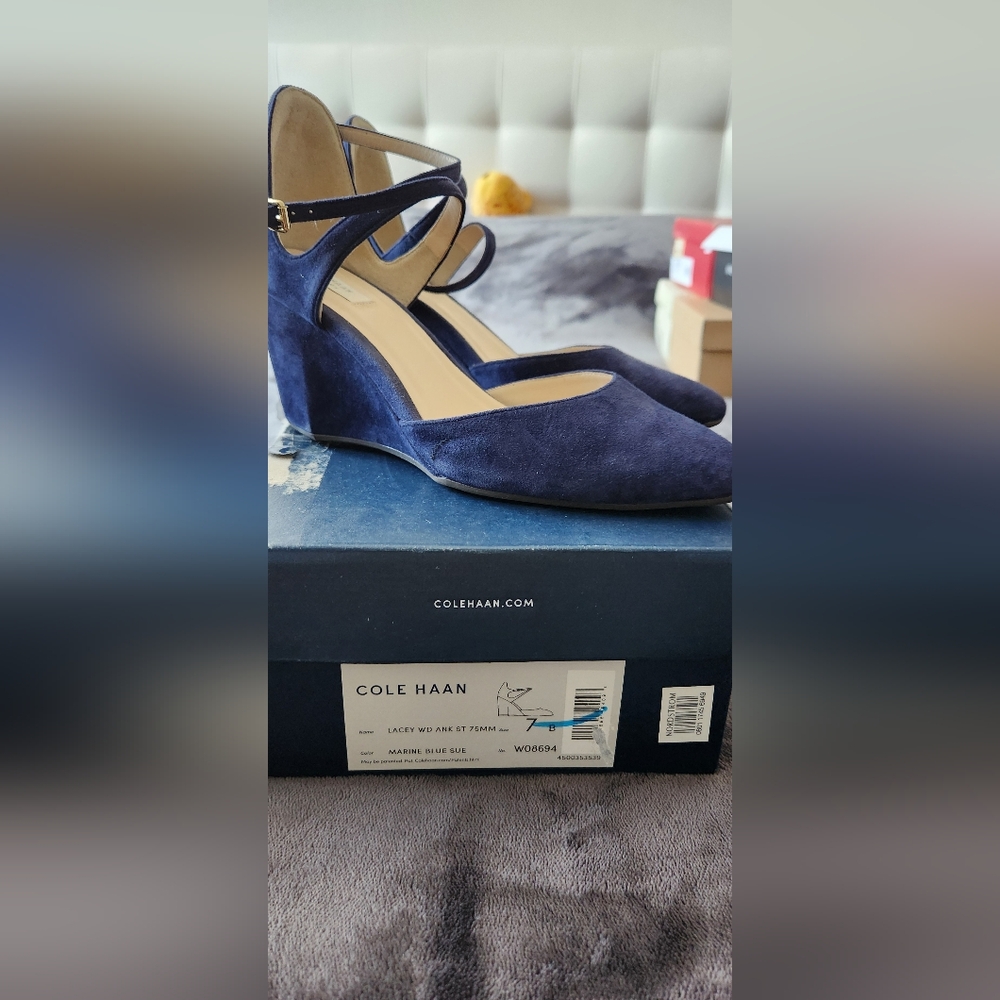 Cole Haan Lacey suede, ankle closure wedge pump, 7